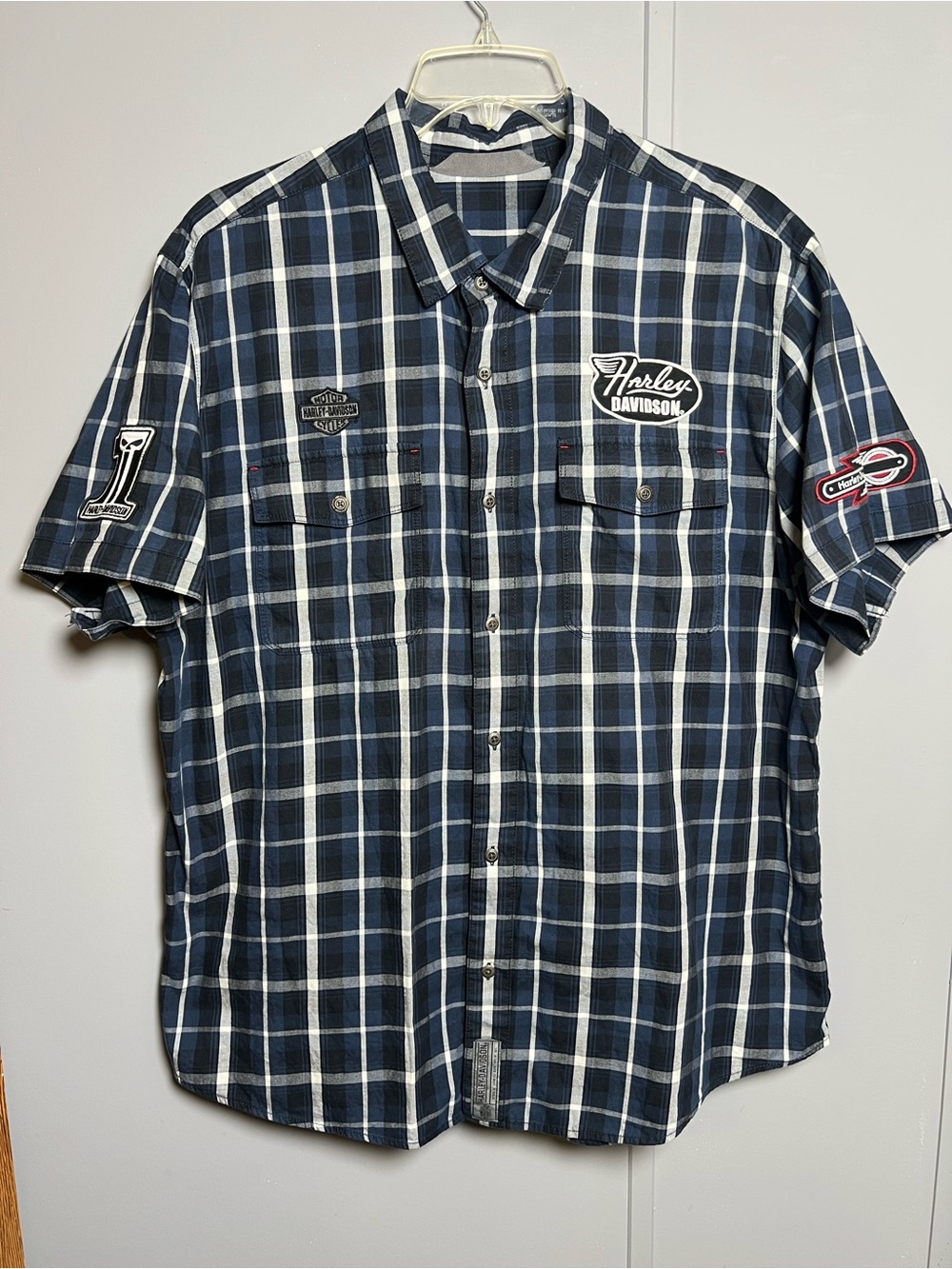 Harley-Davidson Mens 2XL Blue Plaid Button Down Shirt w/ Patches Short Sleeve
